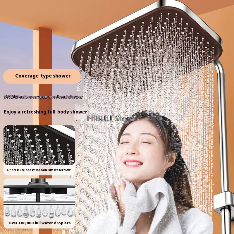 FIIBUU Multifunktions-Duschset mit großem quadratischem Duschkopf und Druckwasser-Massage-Funktion in Schwarz und Silber - Bild 2