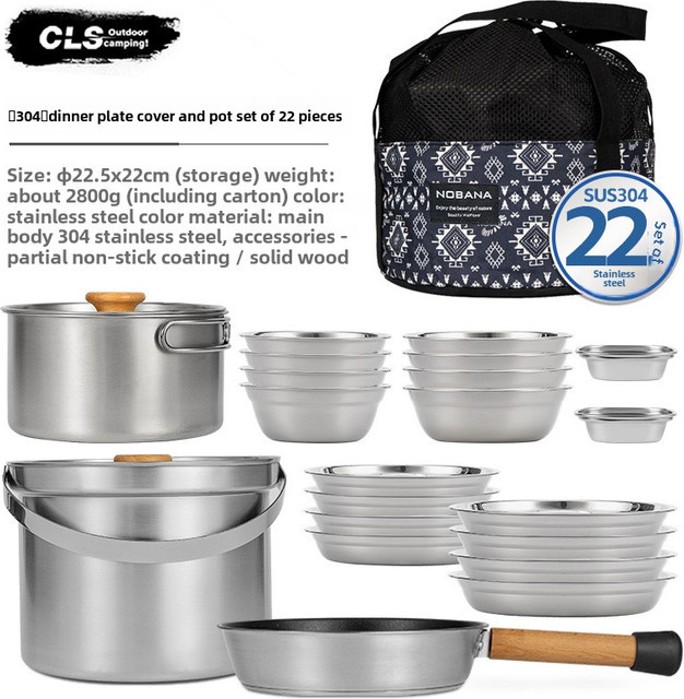 MOUNTAINHIKER Camping Geschirrset aus Edelstahl in Silber, 22-teiliges Outdoor Kochset mit Töpfen und Schüsseln - Bild 1