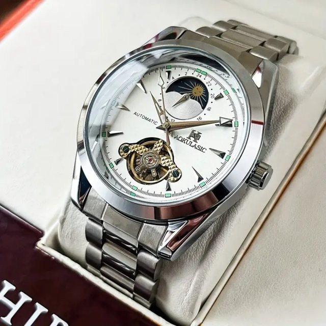 AOKULASIC Armbanduhr Automatik, Edelstahl, Weiß, Gold, Herren - Bild 1