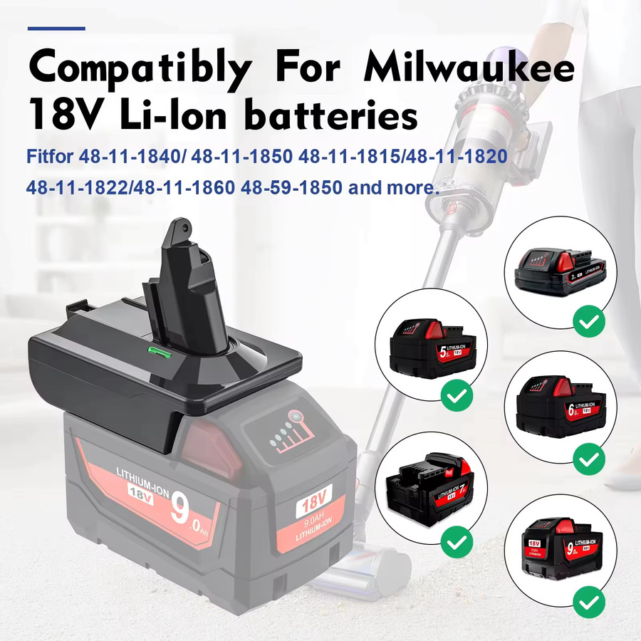 BATTOOL Akku-Adapter für Makita, Milwaukee und DeWalt 18V Lithium-Akkus zur Nutzung mit Dyson V6, V7 und V8 Staubsaugern, Farbe: Schwarz - Bild 4