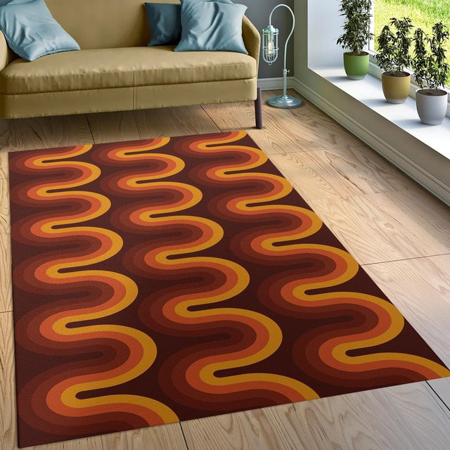 Lodestar Retro 70er Teppich Geometrisches Design in Braun und Orange, Waschbar und Rutschfest, B/T/H: 40 x 60 x 1 cm - Bild 1