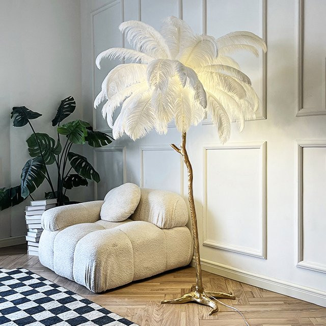 VIGOUS Nordic LED Bodenlampe mit Straußenfedern aus Harz und Kupfer in Gold/Messing für Wohnzimmer und Schlafzimmer - Bild 1