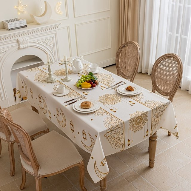 VIKAMA Ramadan Tischdecke im Boho-Stil mit geometrischem Mond und Sternen Muster, Beige und Gold, rechteckig und waschbar - Bild 1
