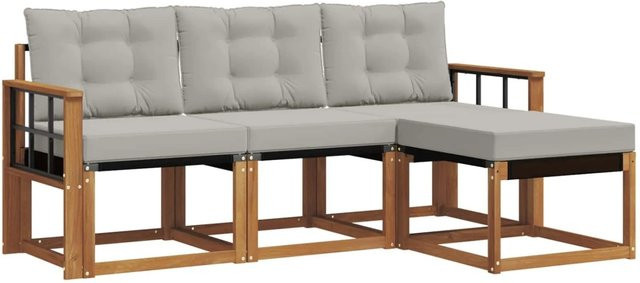 vidaXL Outdoor-Sofagarnitur 4-teilbig L-Form aus Akazienholz und Textilene in Natur und Grau mit Kissen - Bild 1
