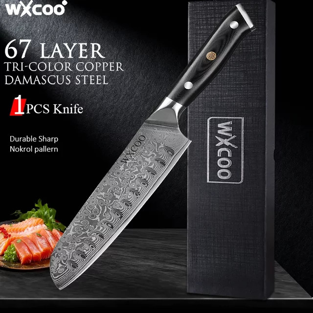WXCOO Santoku Kochmesser aus Damaststahl mit VG10 Kern und Holzgriff in Silber - Bild 1