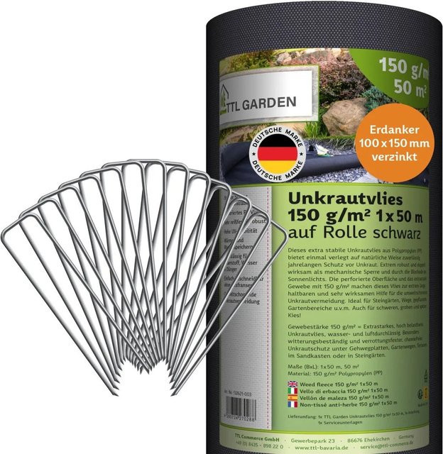 TTL GARDEN Unkrautvlies Schwarz 150g/m² mit 100 Erdankern für Garten und Pflanzflächen, 50 m² - Bild 1