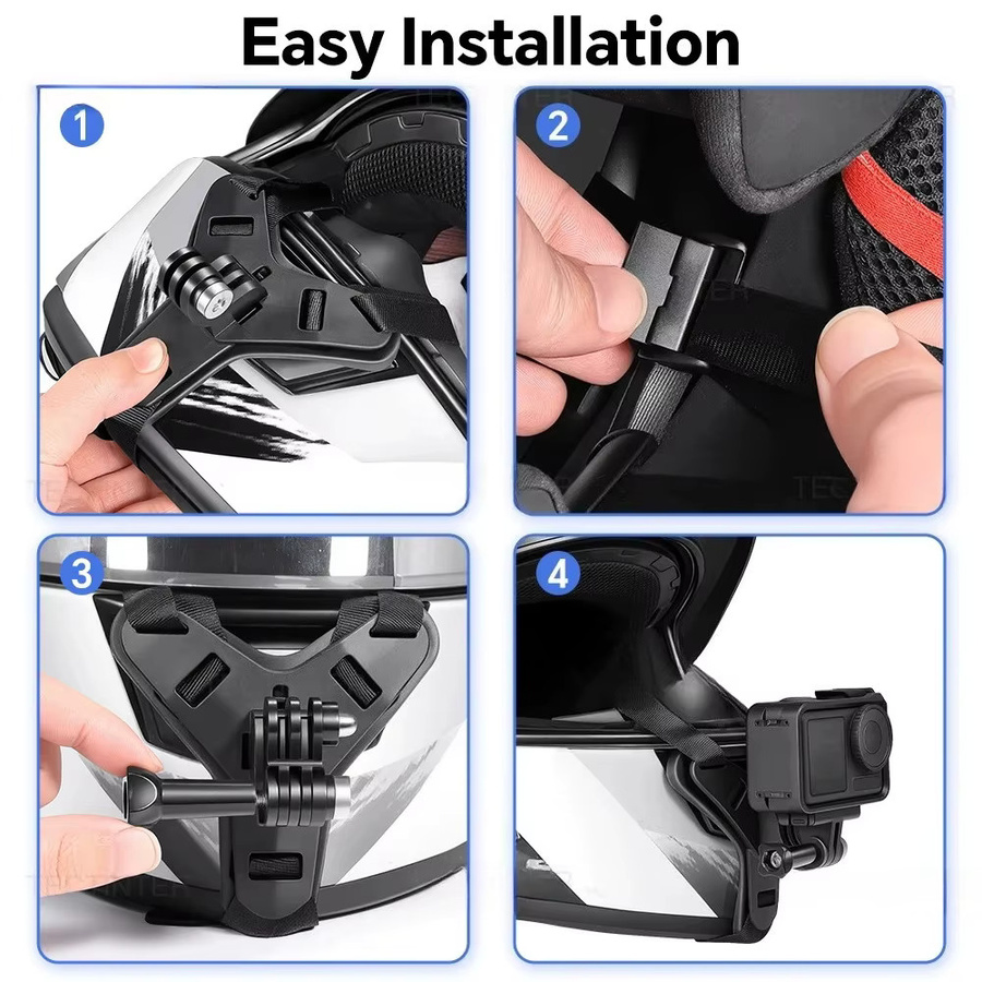 Universelle Motorradhelm-Kinnriemenhalterung für Action-Kameras in Schwarz, kompatibel mit GoPro Hero 13-8, DJI Osmo, Insta360, SJCAM und AKASO - Bild 2