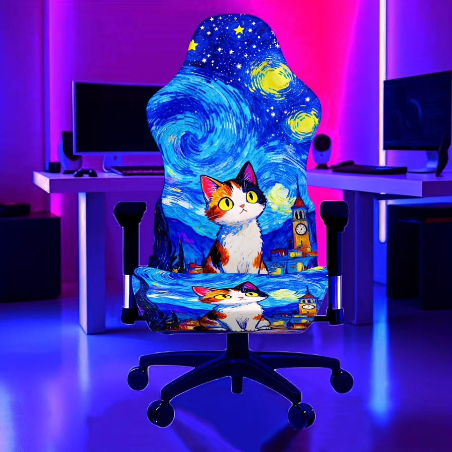 Gaming-Stuhlbezug mit niedlichen Katzen unter der Sternennacht, UV-Schwarzlicht leuchtend, Blau, Polyester - Bild 1