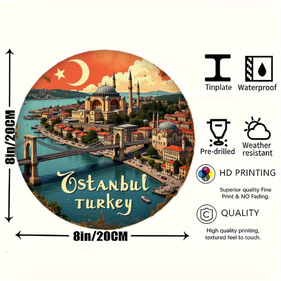 Runder Metallblech Wanddekor Potdemiel mit goldenem Istanbul Türkischem Landschaftsdesign, Durchmesser: 20,07 cm - Bild 2