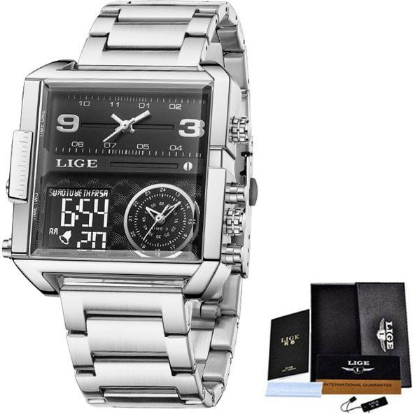 LIGE Armbanduhr, Quarz, Analog-Digital, Eckig, Edelstahl, Silber/Schwarz, Herren - Bild 1