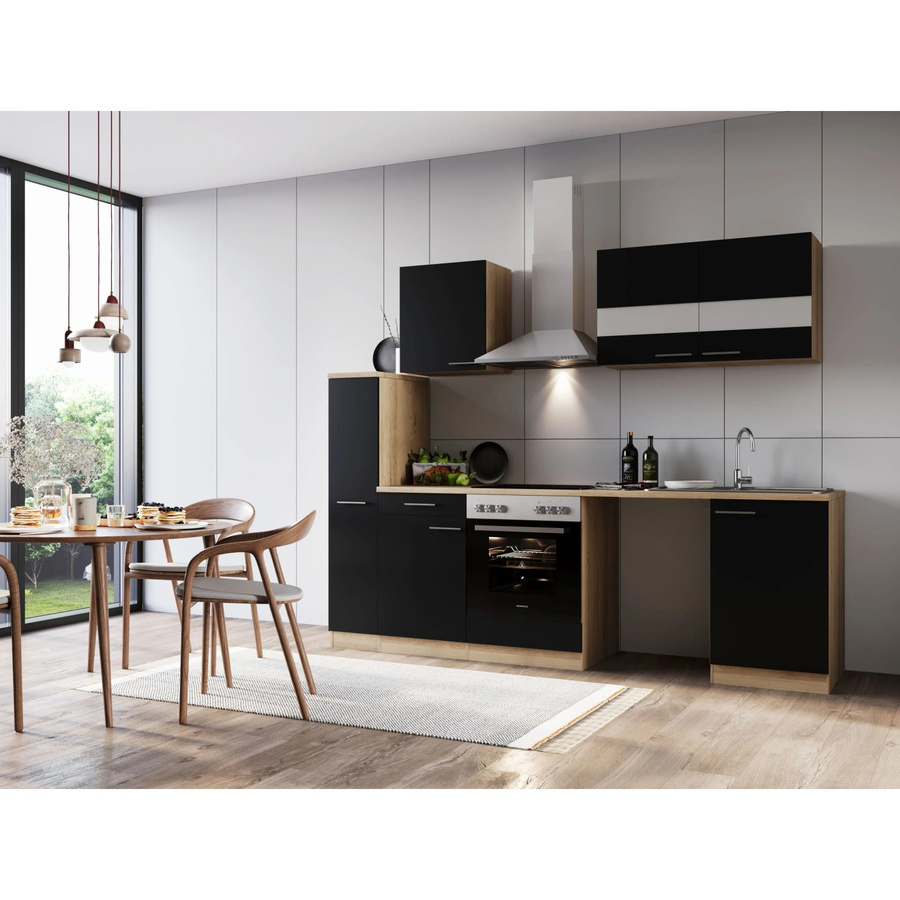 Respekta Küchenblock Merle modern in Eiche Sägerau Nachbildung und Schwarz mit Glastüren und Soft-Close-Funktion, Breite: 250 cm, Tiefe: 60 cm - Bild 2