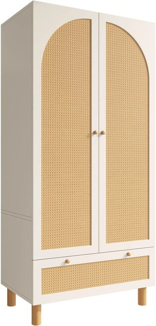 okwish Garderobenschrank mit Rattan Türen und integrierten Schubladen in Weiß, B/T/H: 85,5 x 52 x 180,5 cm - Bild 1