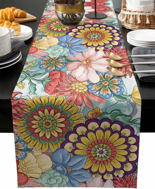 JINGYUE Pet Tischläufer aus Leinen mit Boho Mandala Blumenmuster, Mehrfarbig, B: 150 cm, T: 33 cm - Bild 1