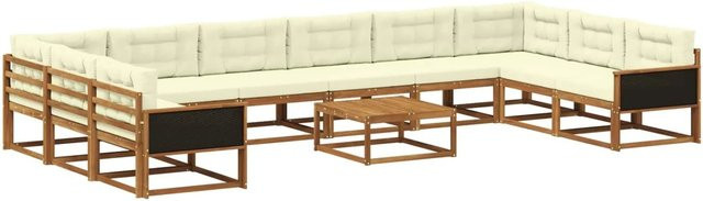 vidaXL Outdoor-Sofagarnitur aus massivem Akazienholz in U-Form mit 11 Kissen, Farbe Natur und Creme - Bild 1