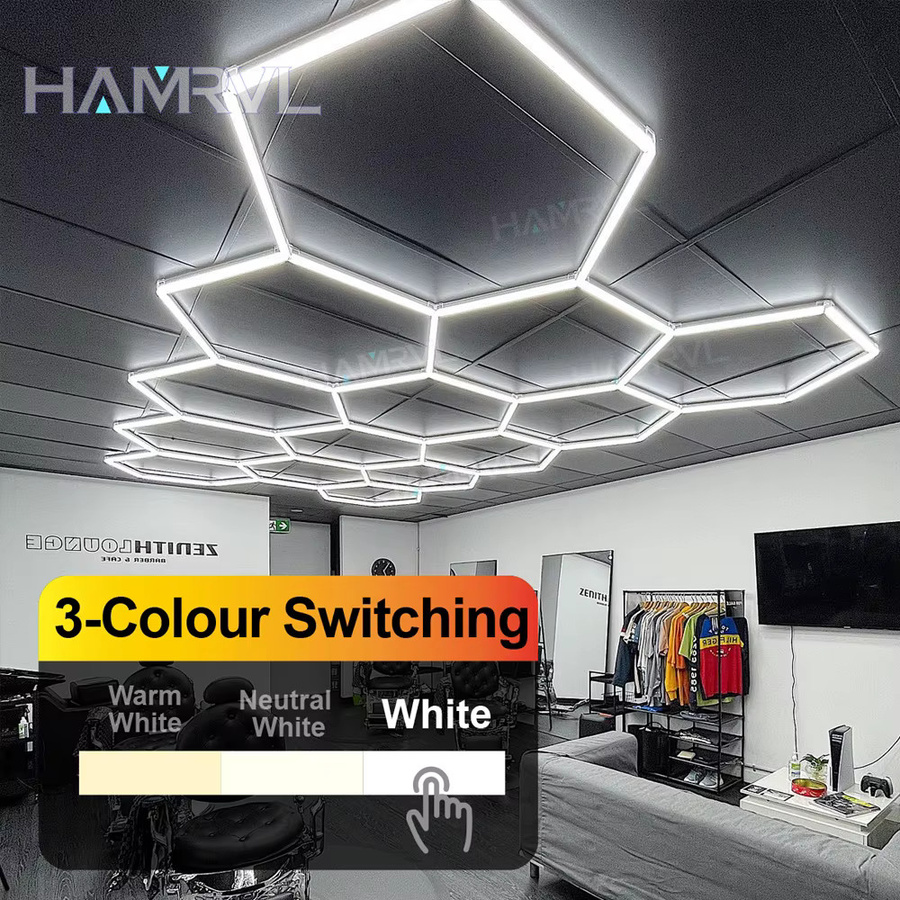 HAMRVL Hexagon LED Deckenleuchte aus Aluminium in Weiß und Silber mit RGB Farbwechsel für Garage, Büro und Werkstatt - Bild 4