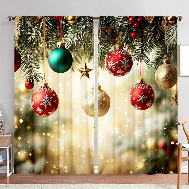 2er-Set Weihnachts-Fenstervorhänge mit Weihnachtsbeleuchtung-Motiv in Weiß, halbtransparent, B: 52,5 cm, H: 116 cm - Bild 1