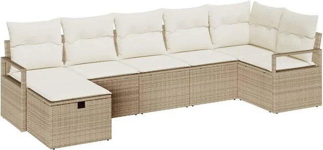 vidaXL 7-teilige Garten-Sofagarnitur in L-Form aus Poly-Rattan mit Kissen in Beige-creme - Bild 1