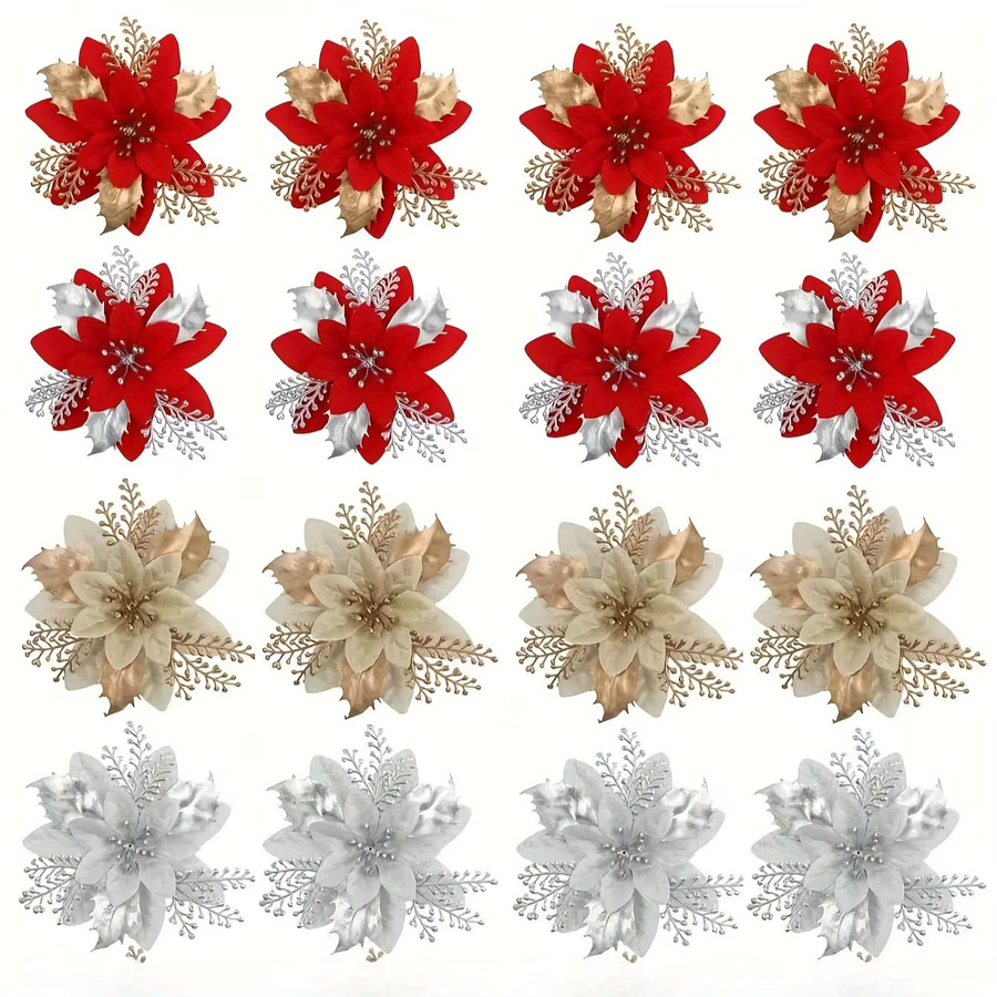 DUTRIEUX 20 Stück Weihnachtssterne-Clips aus Kunststoff in Rot, Gold und Silber mit Blumen-Design als hängende Weihnachtsdekoration - Bild 2