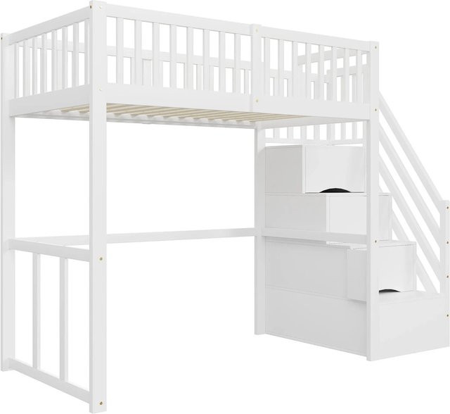 Merax Hochbett für Kinder aus Massivholz und MDF mit Stauraumleiter in Weiß, B/T/H: 90 x 200 x 180 cm - Bild 1