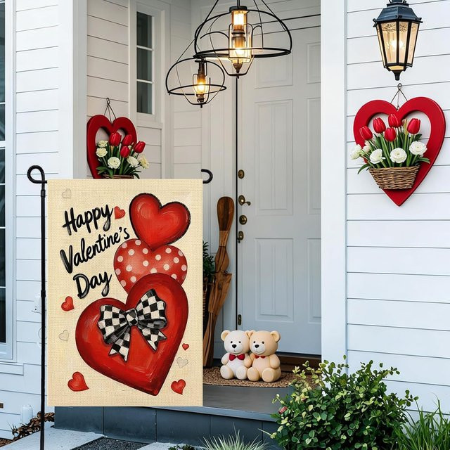 VIKAMA Valentinstag Gartenflagge mit Herz-Design, doppelseitige Textilflagge für Hochzeit, Jahrestag und Außenbereich, B/H: 30 x 45 cm - Bild 1