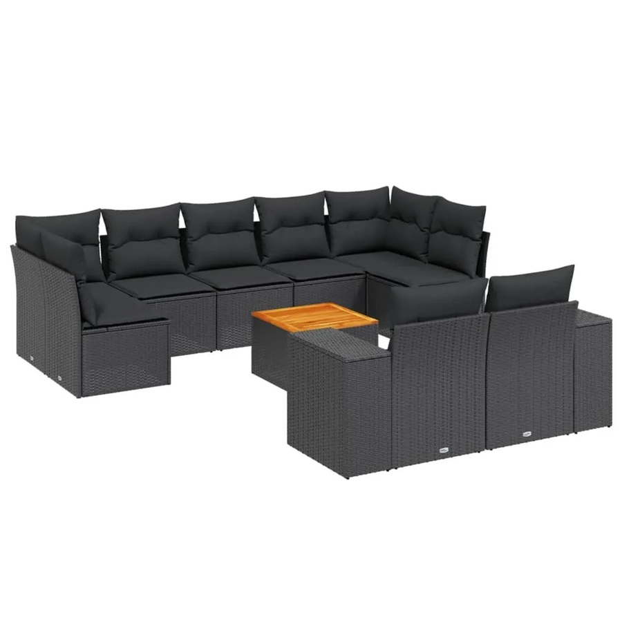 vidaXL 10-tlg Garten-Sofagarnitur in U-Form aus Polyrattan mit Kissen, Schwarz - Bild 2