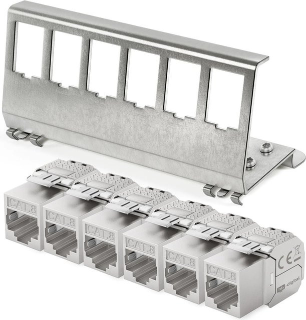 hb-digital Hutschienenadapter 6 Port mit CAT 8.1 Keystone Modul RJ47 in Silber - Bild 1
