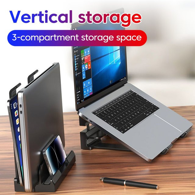 Verstellbarer vertikaler 3-fach Laptop-Ständer aus Metall mit Silikonauflage als platzsparender Schreibtisch-Organizer für MacBook und Tablet in Schwarz oder Weiß - Bild 1