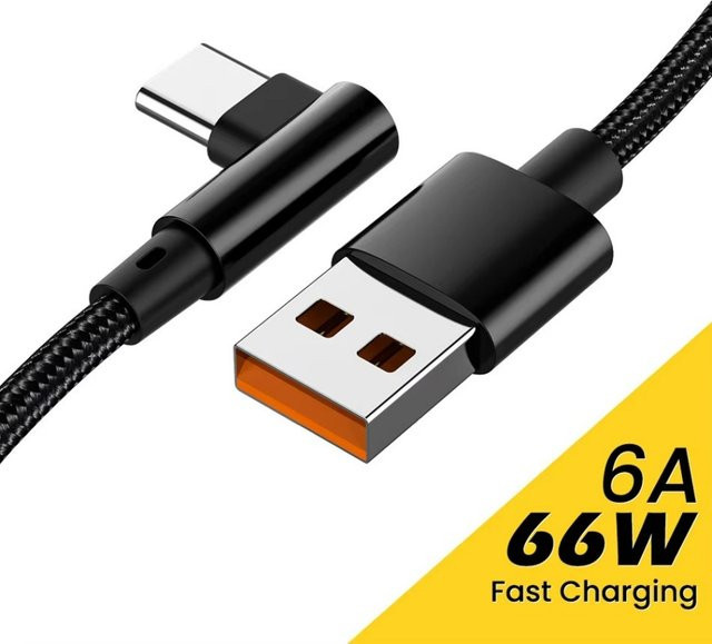 USB-C Schnellladekabel mit 90-Grad-Winkel 66W 6A für Samsung Xiaomi Huawei OnePlus in Schwarz oder Rot - Bild 1