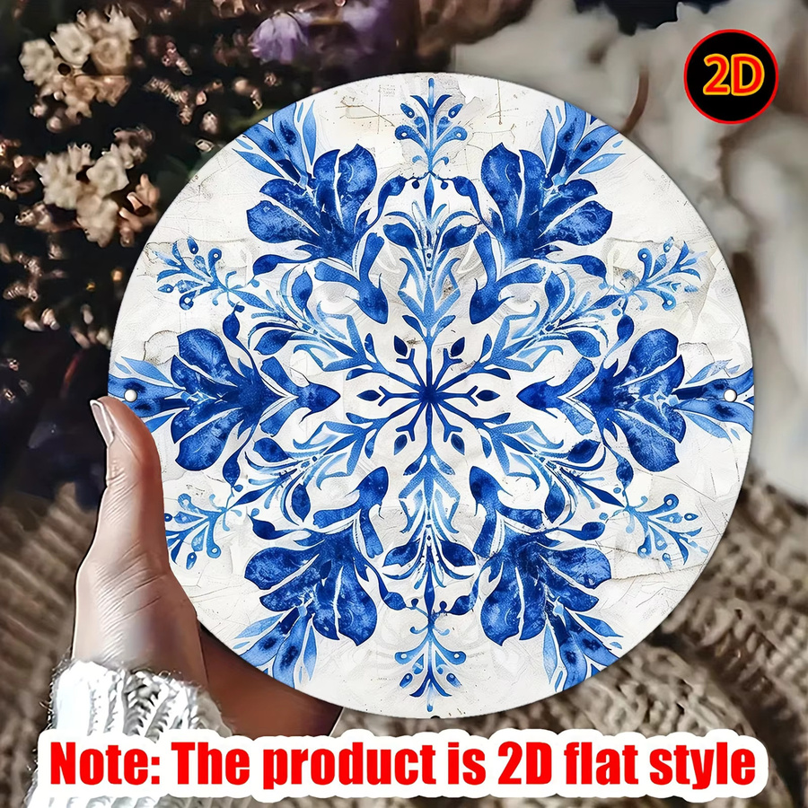 Potdemiel Vintage-Schneeflocken Aluminiumschild mit blauem und weißem Blumendesign, runde Wanddekoration für Outdoor und Zuhause, Durchmesser: 20,3 cm - Bild 2