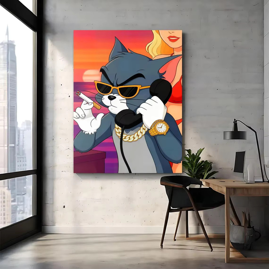 Cool Cat Business Art Digital Download Retro Sonnenuntergang Cartoon Poster Lustige Katze Wandkunst Mehrfarbig - Bild 5