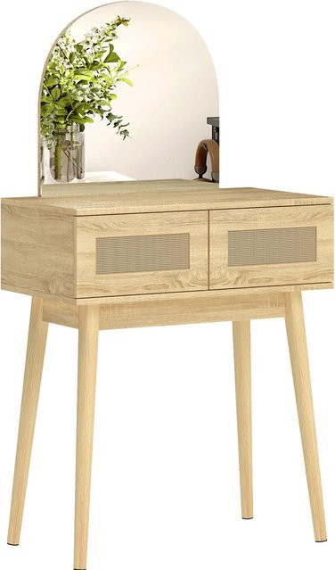 HOMCOM Schminktisch mit gewölbtem Spiegel und 2 Schubladen mit Rattan-Front in Natur/Beige/Braun für das Schlafzimmer - Bild 1
