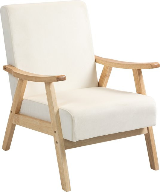HOMCOM Relaxsessel im nordischen Design mit Samt-Optik und Holzrahmen, Polstersessel mit Armlehnen in Cremeweiß - Bild 1