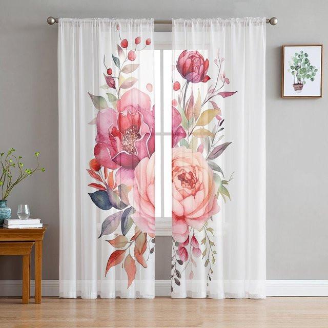 Transparente Chiffon-Fenstervorhänge mit floralem Blütenknospen- und Blatt-Design von Super Six in Weiß, Breite: 135 cm, Höhe: 114 cm - Bild 1