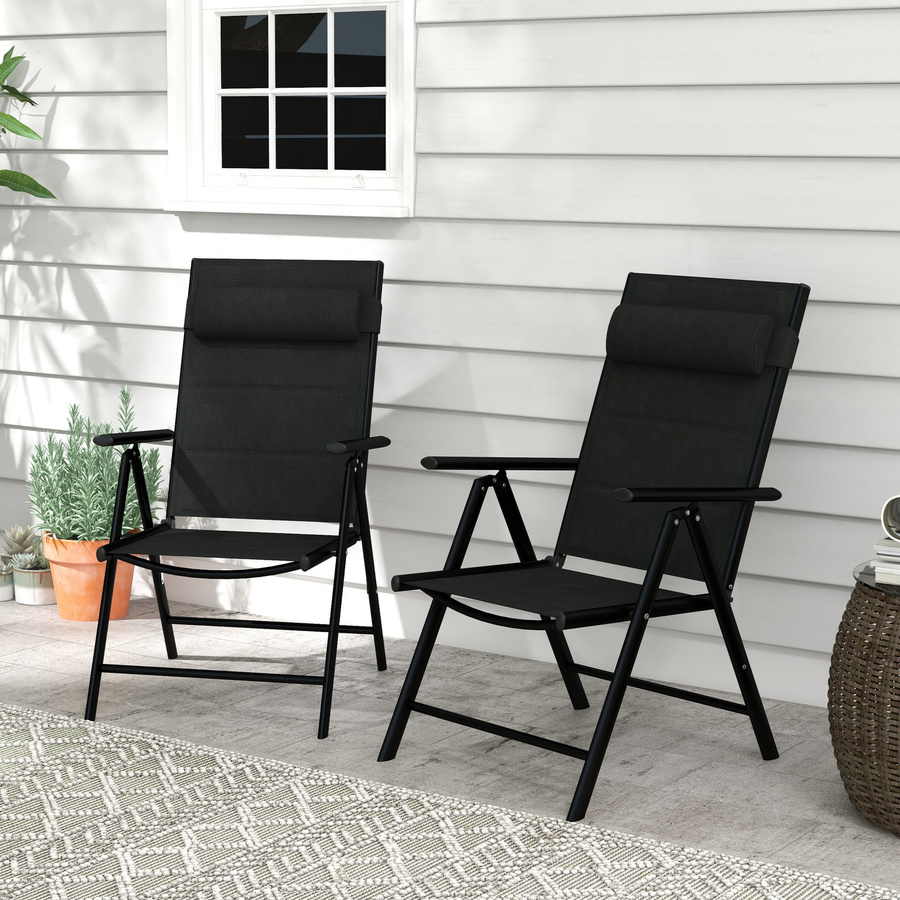Outsunny Set mit 2 klappbaren Gartensesseln aus Aluminium mit Kopfstütze und Armlehnen, Schwarz, B/T/H: 54 x 67 x 108 cm - Bild 2