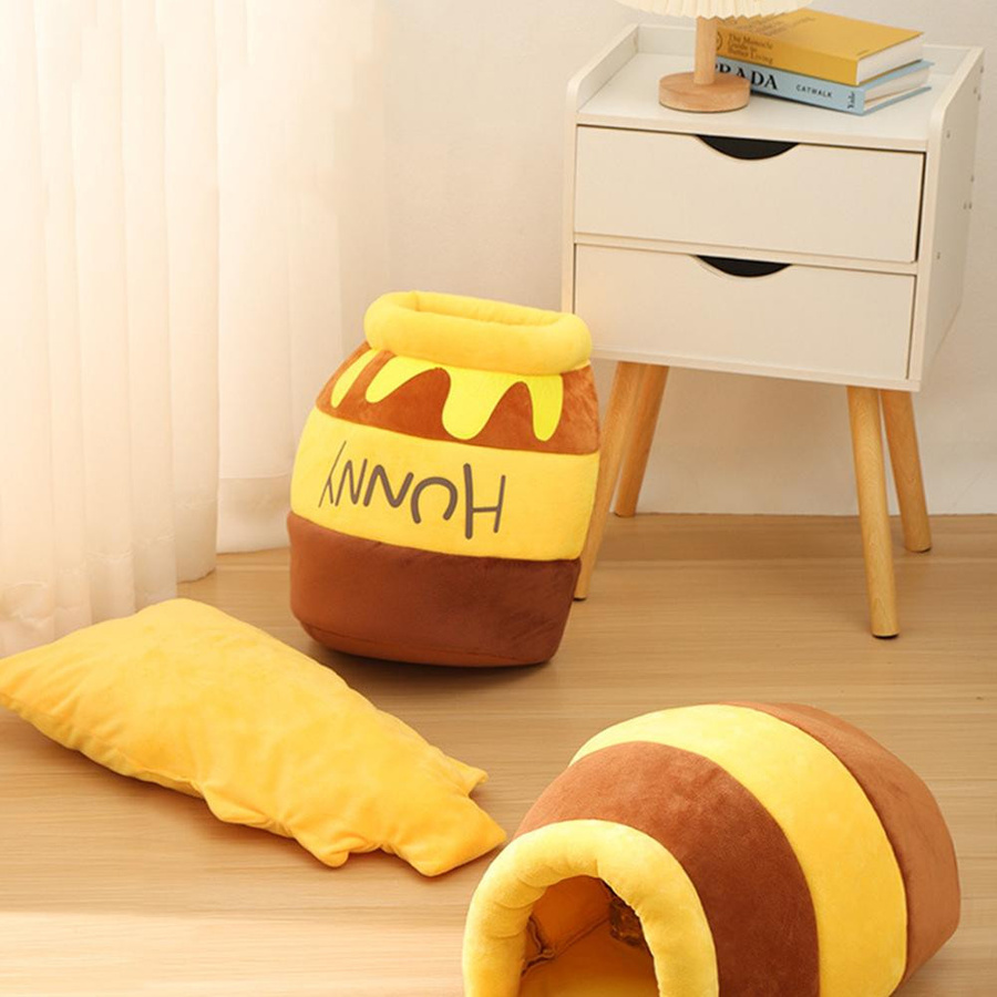 Gemütliches Katzenbett aus Korallen-Fleece mit herausnehmbarem Kissen in Honigtopf-Design für kleine Hunde und Katzen - Bild 2
