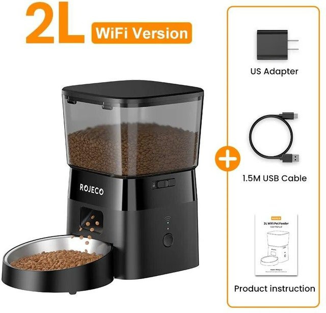ROJECO Automatischer Katzenfutterautomat mit WIFI und Fernbedienung, intelligenter Haustierfutterspender für Trockenfutter, Schwarz, 2 l - Bild 1