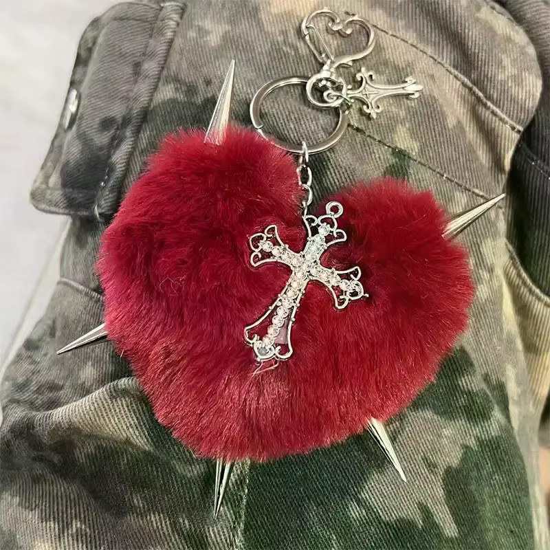 eelhoe Schlüsselanhänger, Rosa, Leoparden-Kreuz Herz, Kristall, Punk - Bild 1