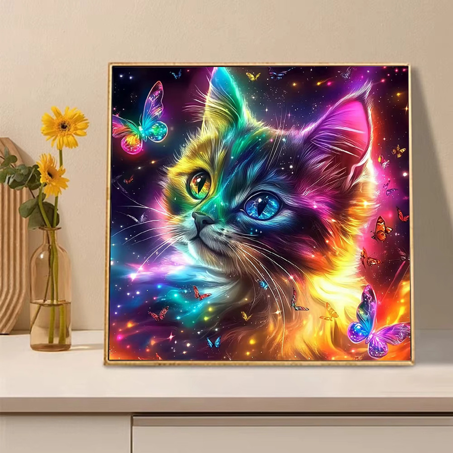Huacan Diamant-Gemälde mit Katze und Schmetterling, rund, Mehrfarbig, Durchmesser: 20 cm - Bild 2