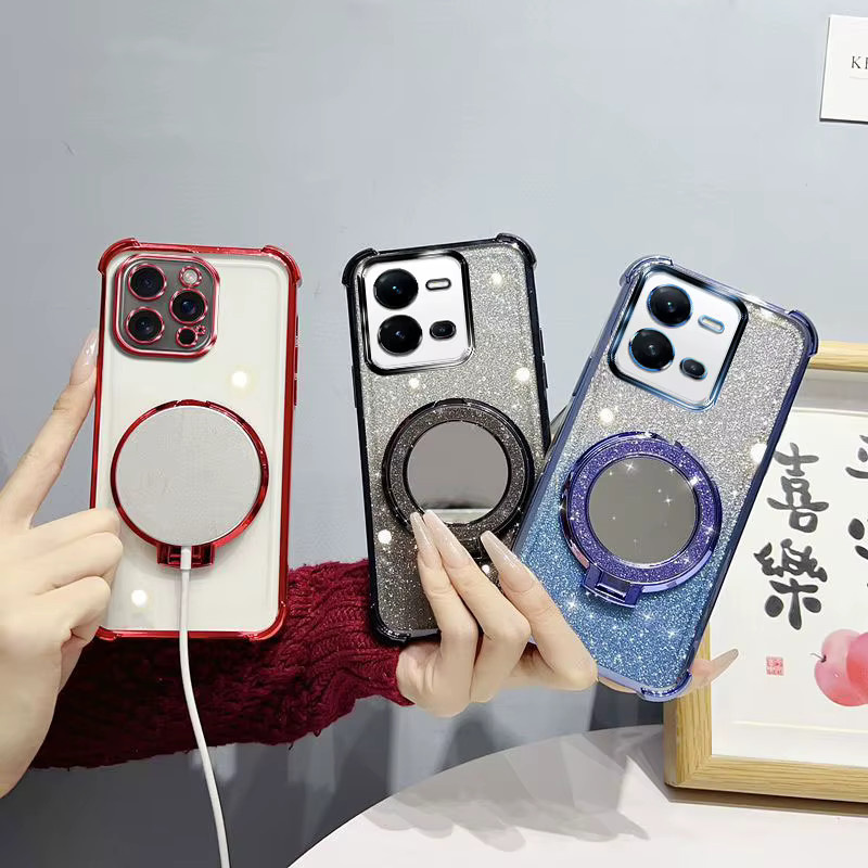 LIEI Handyhülle mit Spiegelständer, Perlenband und Glitzer-Design für Vivo V25, V25e und X80 Lite in Pink - Bild 3