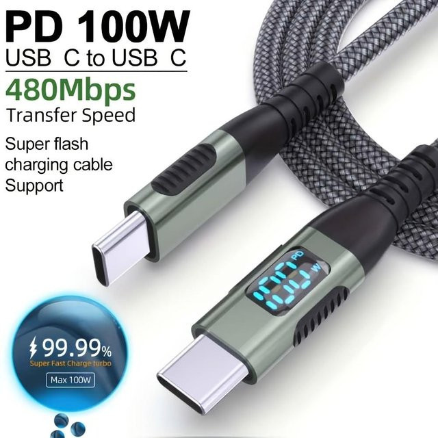 LAIHONEN USB-C zu USB-C Kabel mit LED-Anzeige, 100W PD Schnellladung und 480Mbps Datenübertragung, Nylon-Ummantelung, Schwarz - Bild 1