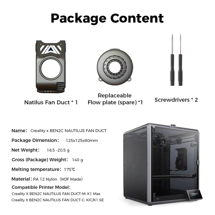 Creality BEN2C NAUTILUS K1 MAX Lüfterkanal, aktualisierter 360° runder Kühlflüfterkanal für K1 Max, K1C und K1 SE 3D-Drucker, Schwarz - Bild 5