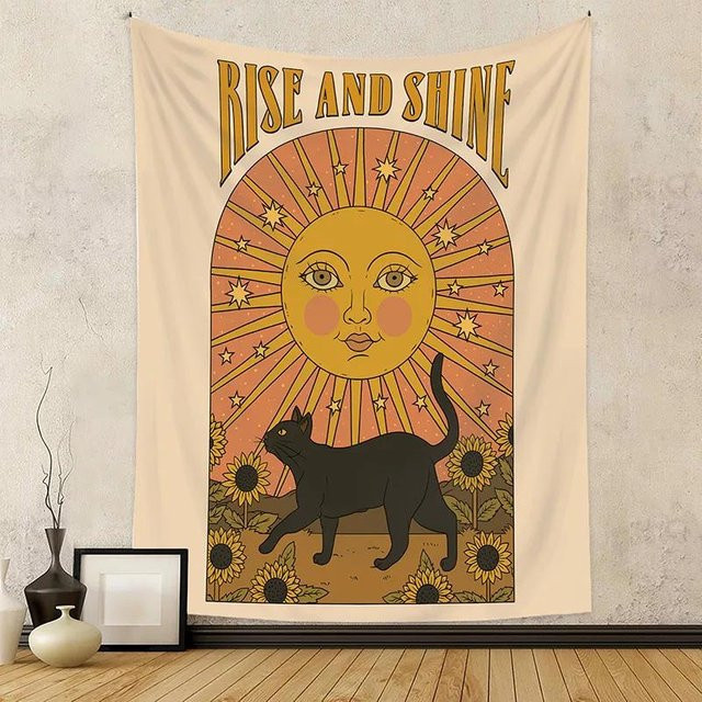 UBND TAPESTRY Wandteppich mit Katzen, Sonne, Sternen und Mond im Boho-Stil, Mehrfarbig, Breite: 74 cm, Höhe: 94 cm - Bild 1