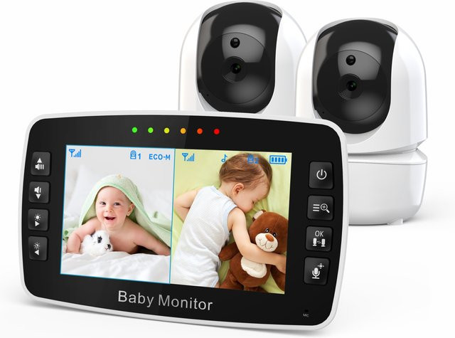 MBOSS Baby Monitor mit zwei Kameras, 4,3 Zoll Wireless Videoübertragung, PTZ-Funktion, Nachtsicht und Temperaturüberwachung, Farbe: Weiß - Bild 1