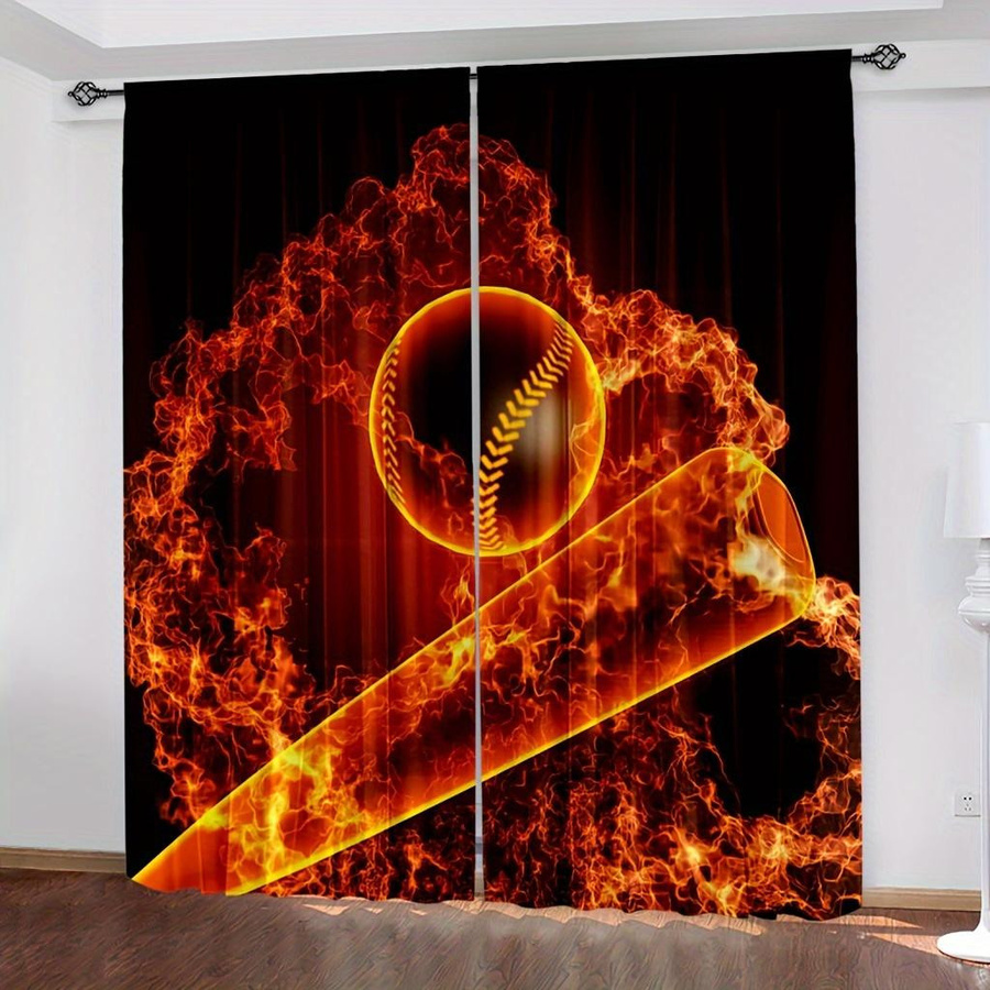 2er Set Basketball Vorhänge mit abstraktem Flammen-Design in Multicolour, halbtransparente Sportvorhänge für das Jugendzimmer, Breite: 100 cm, Höhe: 130 cm - Bild 1