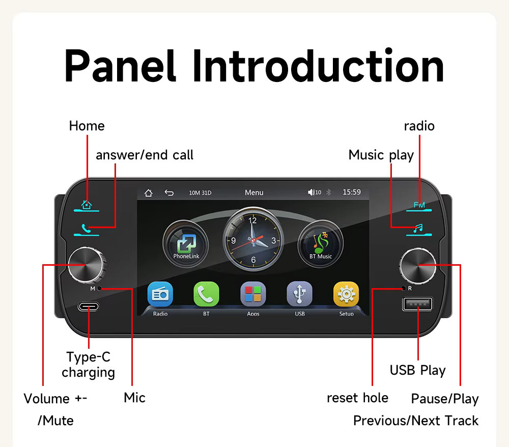 BQCC 1Din Universal Car Audio Player mit 5 Zoll Display, Wireless CarPlay und Android Auto, Bluetooth, FM sowie 7-Farben-Beleuchtung in Schwarz - Bild 4