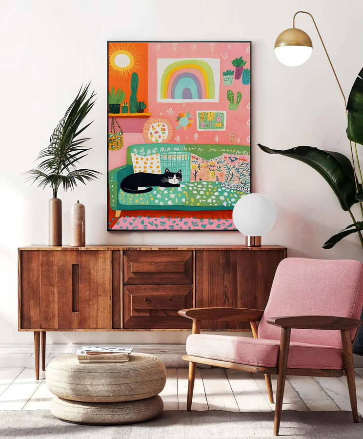 Boho Wandkunst von SHENCHEN mit schwarzer Katze auf gemustertem Sofa in bunten Farben - Bild 2
