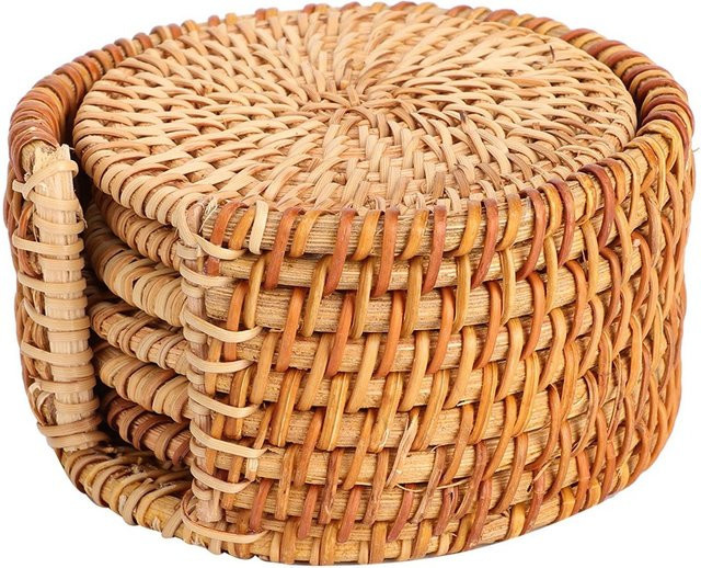6er Set handgefertigte Rattan Untersetzer von CosyHome in Beige, Durchmesser: 10 cm - Bild 1