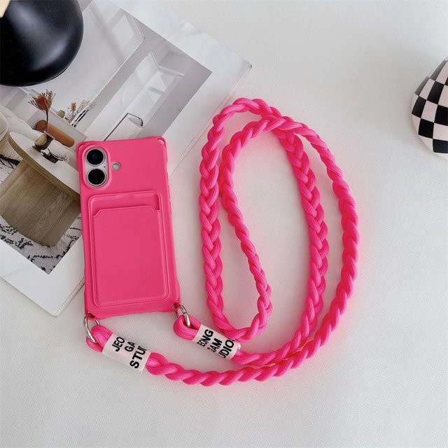 YULIN Silikonhülle für iPhone mit Geldbörse, Kartenfach und geflochtenem Crossbody-Trageband in Pink - Bild 1