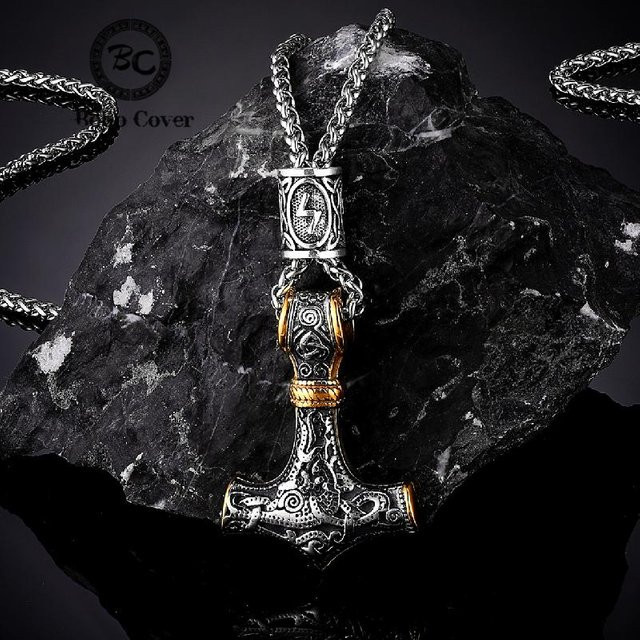 Allbestart Halskette Thors Hammer Mjolnir, Edelstahl, Schwarz, Herren, 60cm - Bild 1