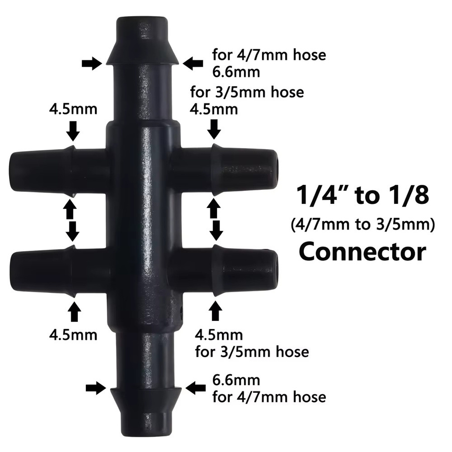 20 Stück 6-Wege-Tropfbewässerungsadapter mit Widerhakenanschluss in Schwarz für 4/7mm bis 3/5mm Schläuche zur Wasserrohr-Reparatur - Bild 2